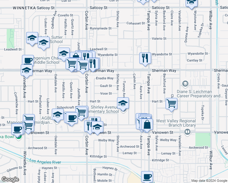 map of restaurants, bars, coffee shops, grocery stores, and more near 19511 Vose Street in Los Angeles