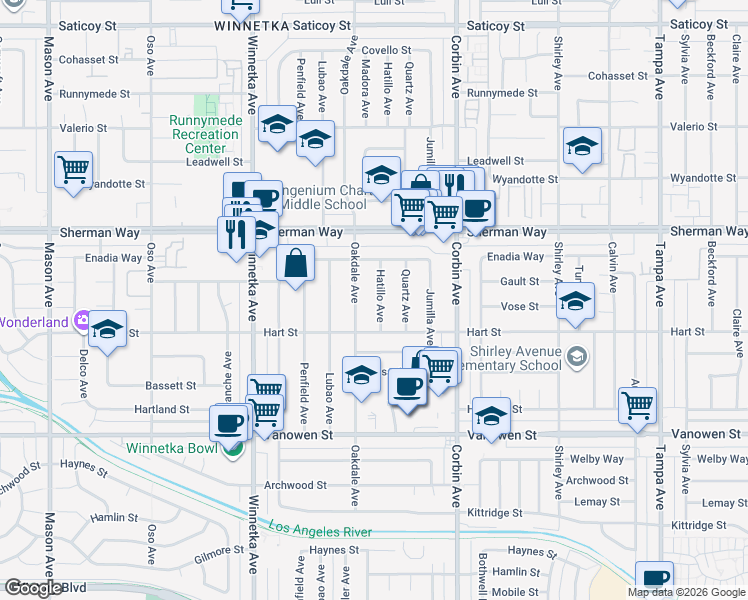 map of restaurants, bars, coffee shops, grocery stores, and more near 7039 Hatillo Avenue in Los Angeles