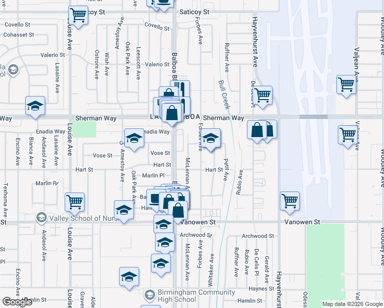map of restaurants, bars, coffee shops, grocery stores, and more near 7038 McLennan Avenue in Los Angeles