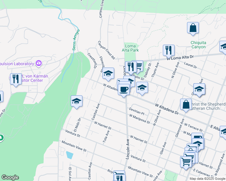 map of restaurants, bars, coffee shops, grocery stores, and more near 688 West Altadena Drive in Altadena
