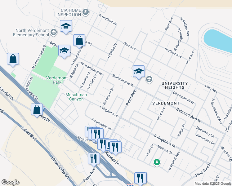 map of restaurants, bars, coffee shops, grocery stores, and more near 6459 Cold Mountain Way in San Bernardino