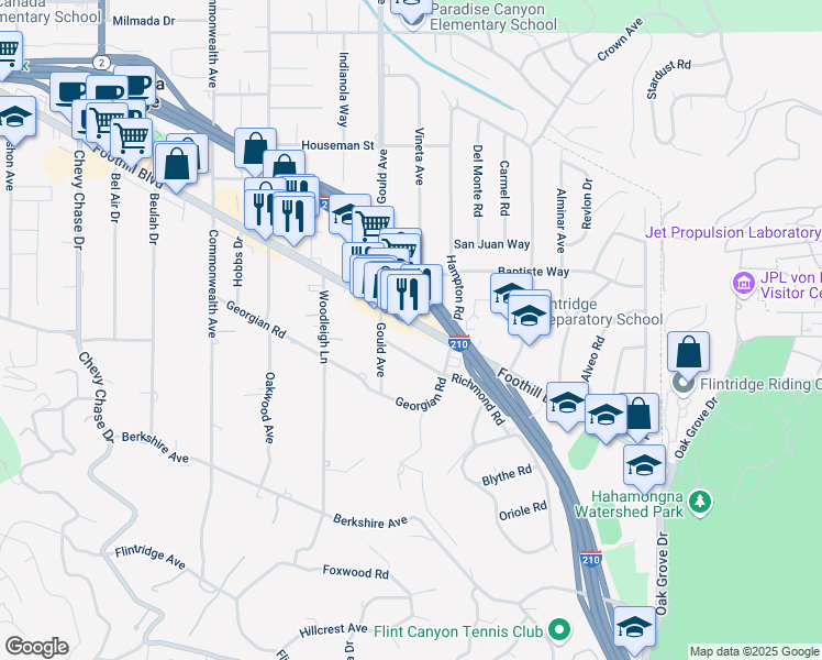 map of restaurants, bars, coffee shops, grocery stores, and more near 440 Foothill Boulevard in La Cañada Flintridge