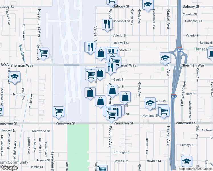 map of restaurants, bars, coffee shops, grocery stores, and more near 7035 Woodley Avenue in Los Angeles