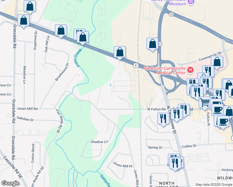 map of restaurants, bars, coffee shops, grocery stores, and more near 121 West Felton Road in Cartersville