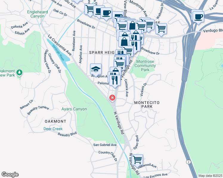 map of restaurants, bars, coffee shops, grocery stores, and more near 1703 Glencoe Way in Glendale