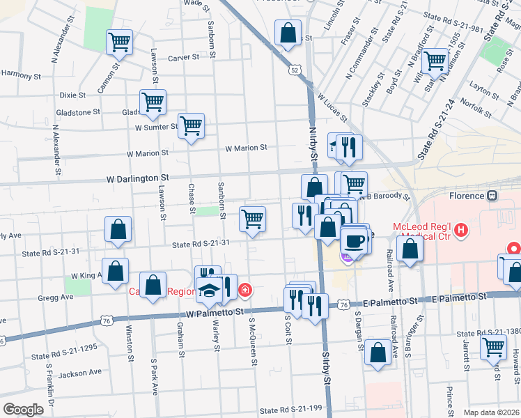 map of restaurants, bars, coffee shops, grocery stores, and more near 301-899 West N B Baroody Street in Florence