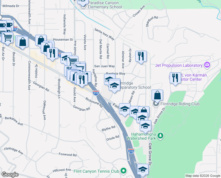 map of restaurants, bars, coffee shops, grocery stores, and more near 4524 Crown Avenue in La Cañada Flintridge