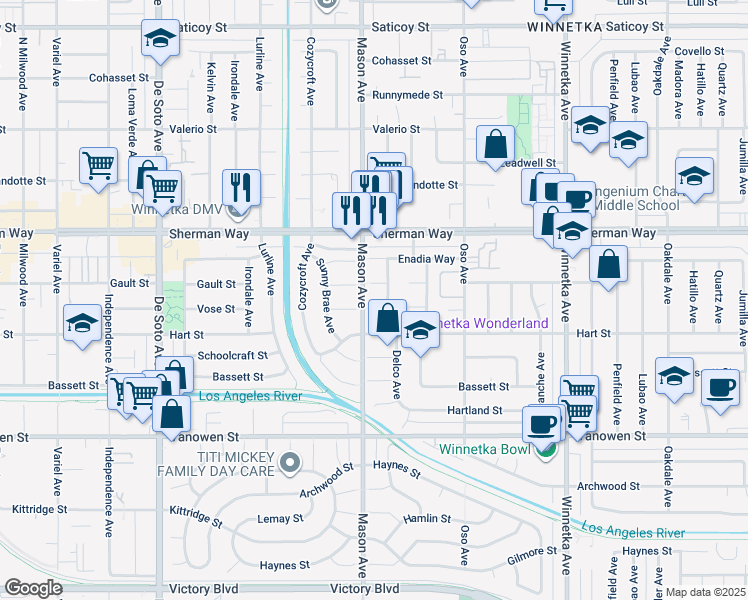 map of restaurants, bars, coffee shops, grocery stores, and more near 20457 Vose Street in Los Angeles