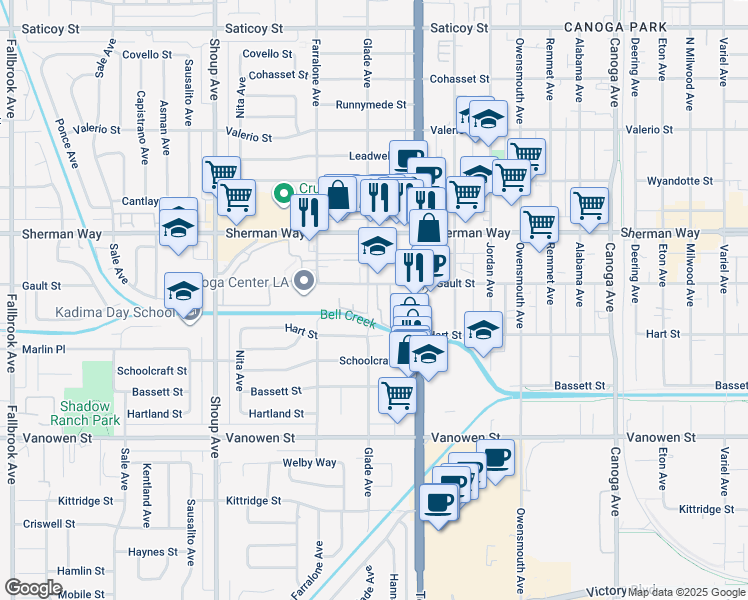 map of restaurants, bars, coffee shops, grocery stores, and more near 7042 Glade Avenue in Los Angeles