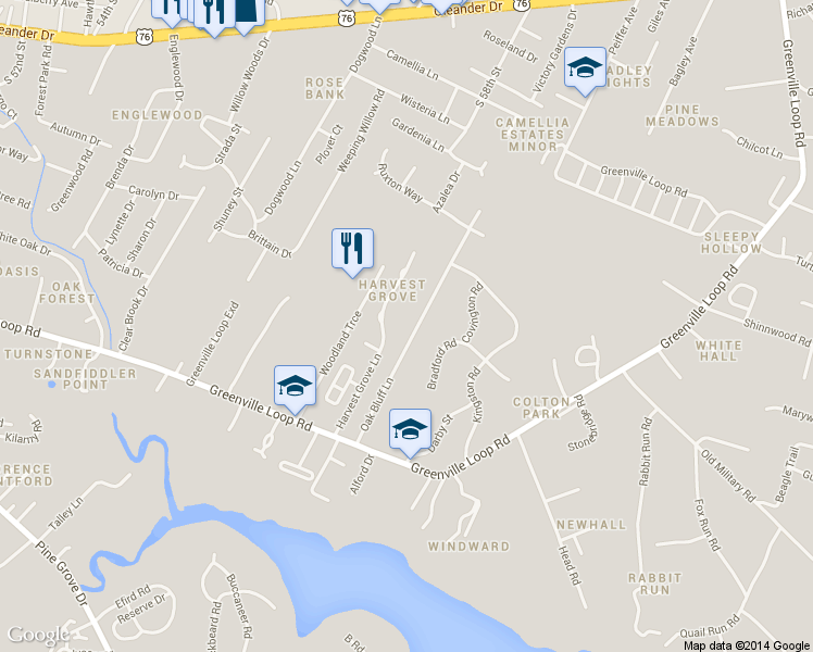 map of restaurants, bars, coffee shops, grocery stores, and more near 5732 Oak Bluff Lane in Wilmington