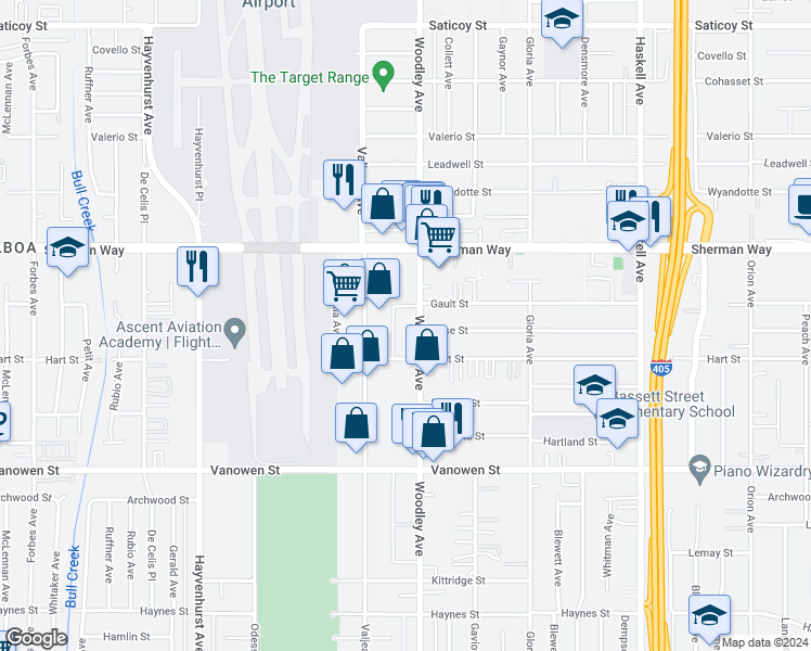 map of restaurants, bars, coffee shops, grocery stores, and more near 7036 Woodley Avenue in Los Angeles