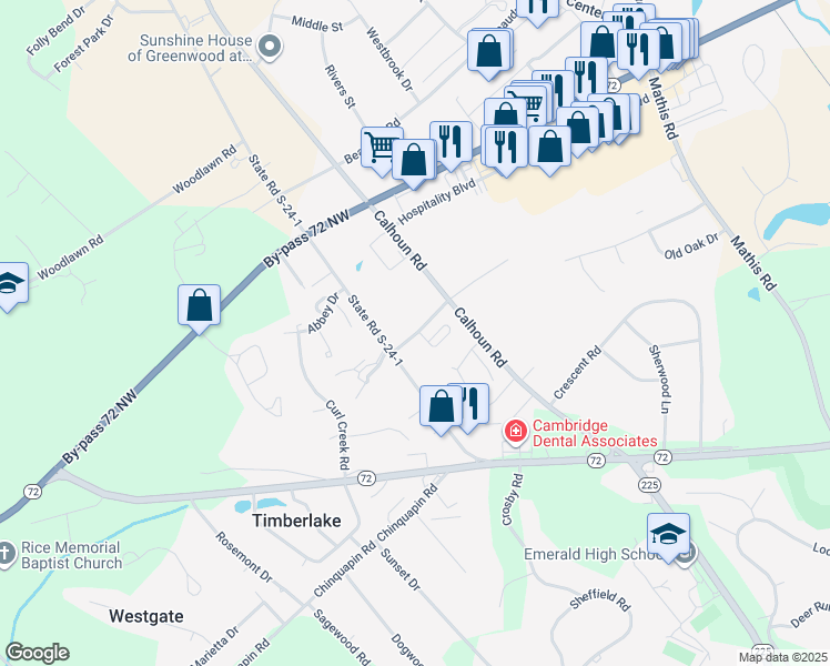 map of restaurants, bars, coffee shops, grocery stores, and more near 304 Mauldin Road in Greenwood