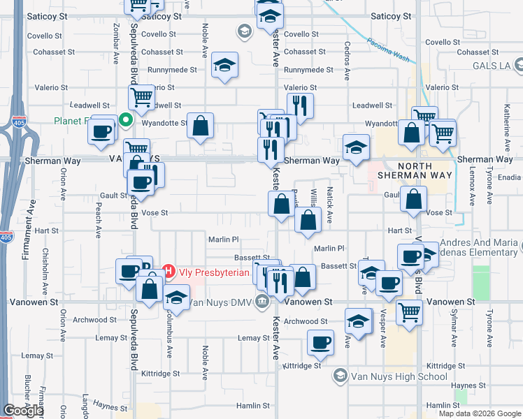 map of restaurants, bars, coffee shops, grocery stores, and more near 14929 Vose Street in Los Angeles