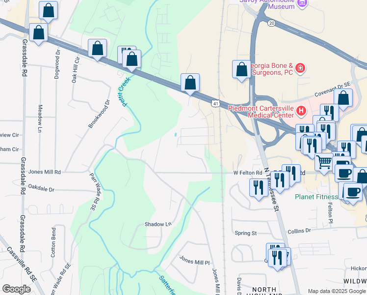 map of restaurants, bars, coffee shops, grocery stores, and more near 121 West Felton Road in Cartersville