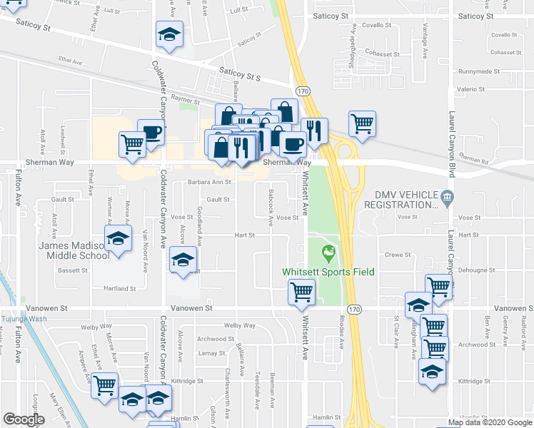 map of restaurants, bars, coffee shops, grocery stores, and more near 7031 Babcock Avenue in Los Angeles