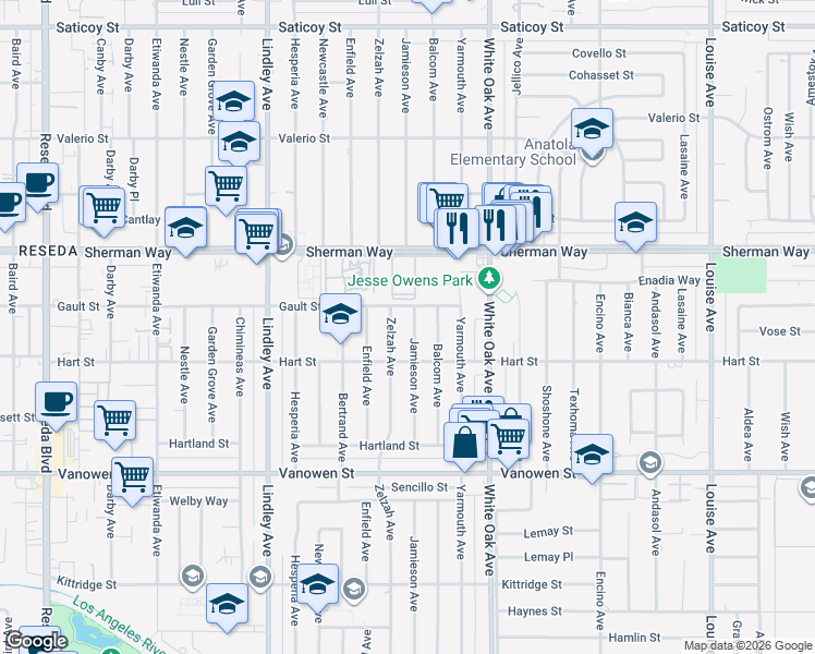 map of restaurants, bars, coffee shops, grocery stores, and more near 7030 Zelzah Avenue in Los Angeles