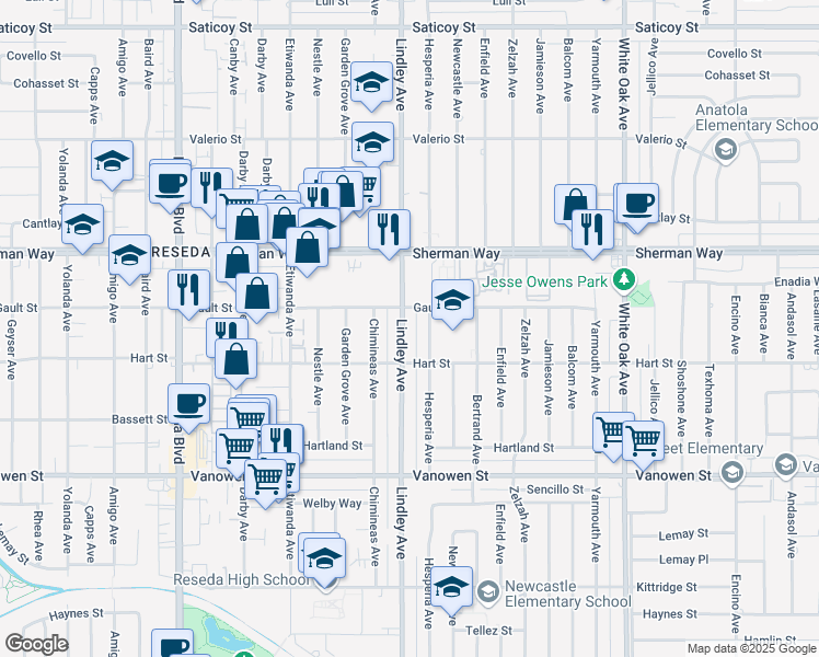 map of restaurants, bars, coffee shops, grocery stores, and more near 7038 Lindley Avenue in Los Angeles