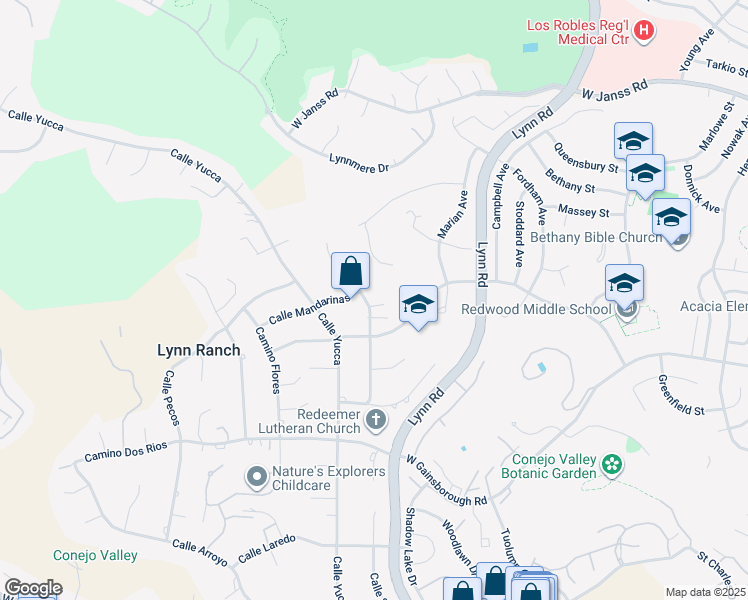 map of restaurants, bars, coffee shops, grocery stores, and more near 633 Camino Roberto in Thousand Oaks