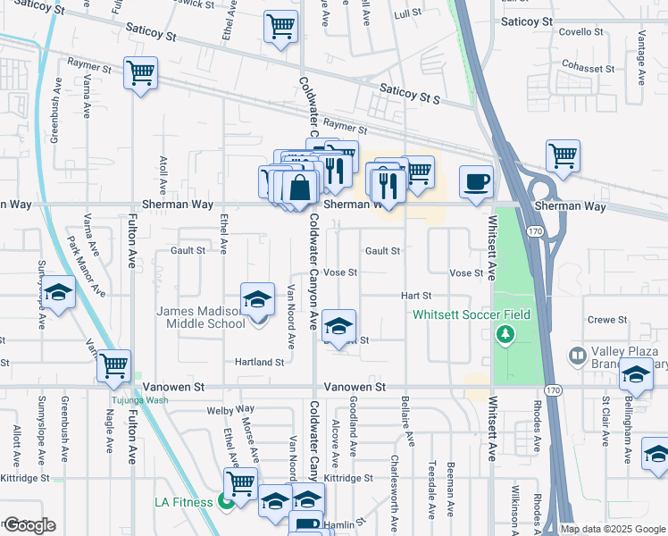 map of restaurants, bars, coffee shops, grocery stores, and more near 7041 Alcove Avenue in Los Angeles