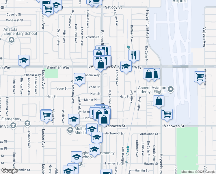 map of restaurants, bars, coffee shops, grocery stores, and more near 7039 McLennan Avenue in Los Angeles