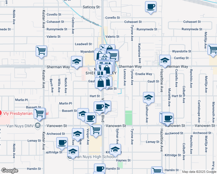 map of restaurants, bars, coffee shops, grocery stores, and more near 7040 Van Nuys Boulevard in Los Angeles