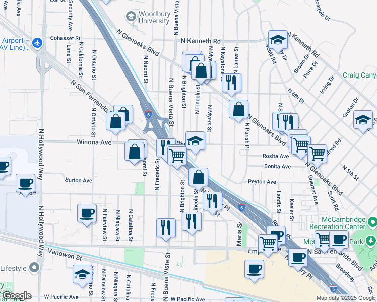 map of restaurants, bars, coffee shops, grocery stores, and more near 2310 Washington Circle in Burbank