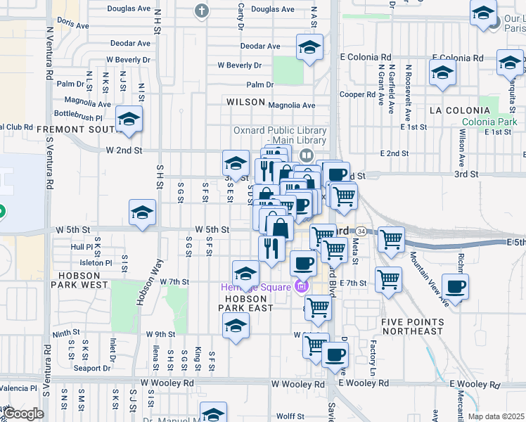 map of restaurants, bars, coffee shops, grocery stores, and more near 420 South C Street in Oxnard