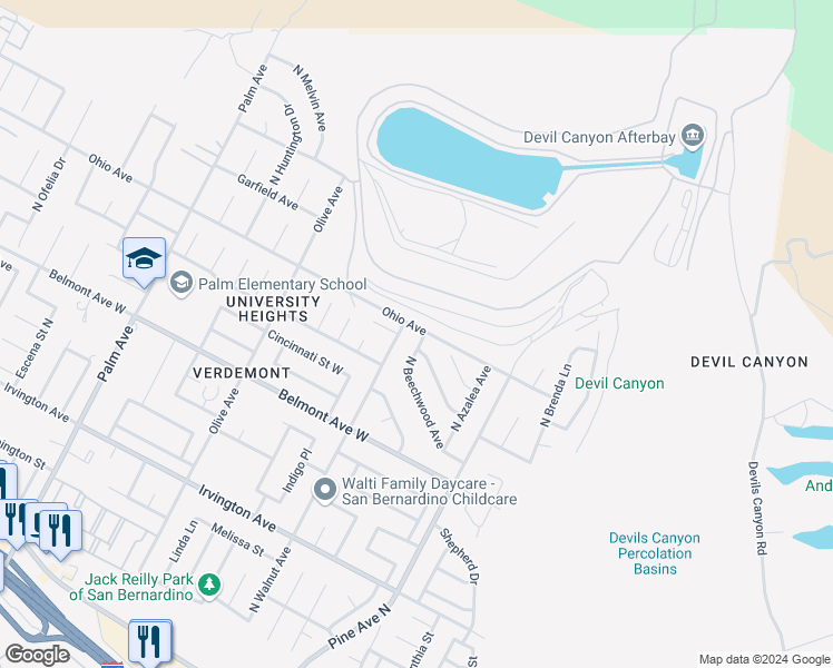 map of restaurants, bars, coffee shops, grocery stores, and more near 6474 North Beechwood Avenue in San Bernardino