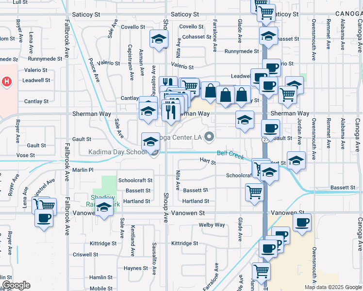 map of restaurants, bars, coffee shops, grocery stores, and more near 7060 Shoup Avenue in Los Angeles