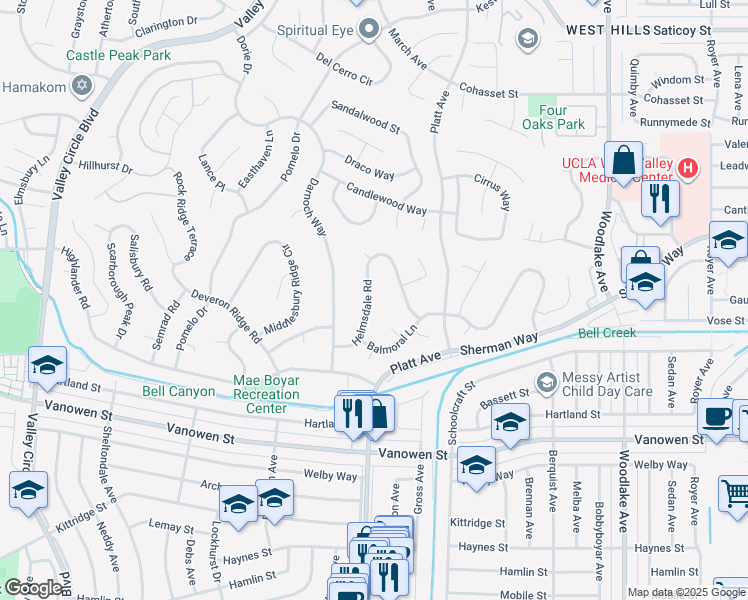 map of restaurants, bars, coffee shops, grocery stores, and more near 7100 Helmsdale Road in Los Angeles