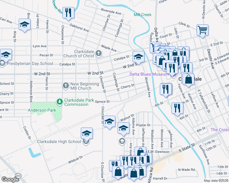 map of restaurants, bars, coffee shops, grocery stores, and more near 224 Cherry Street in Clarksdale
