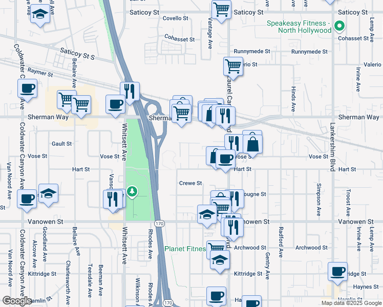 map of restaurants, bars, coffee shops, grocery stores, and more near 7036 Saint Clair Avenue in Los Angeles