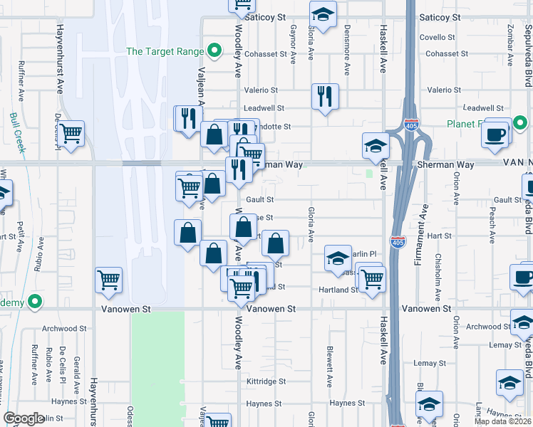 map of restaurants, bars, coffee shops, grocery stores, and more near 16017 Vose St in Los Angeles