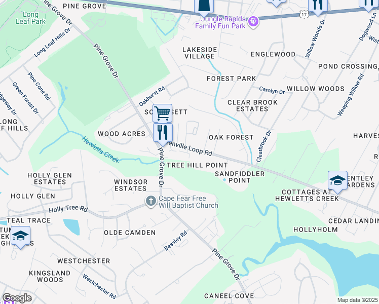 map of restaurants, bars, coffee shops, grocery stores, and more near 5220 Greenville Loop Road in Wilmington