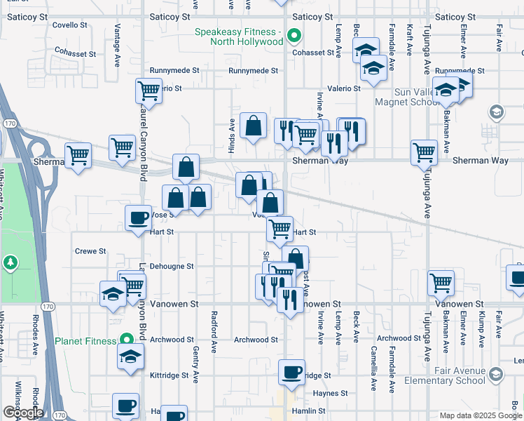 map of restaurants, bars, coffee shops, grocery stores, and more near 11739 Vose Street in Los Angeles