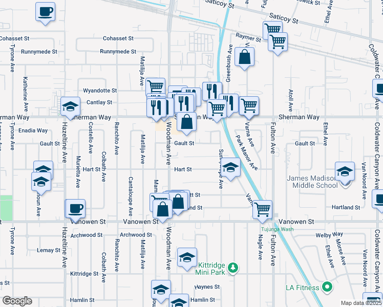 map of restaurants, bars, coffee shops, grocery stores, and more near 13607 Vose Street in Los Angeles