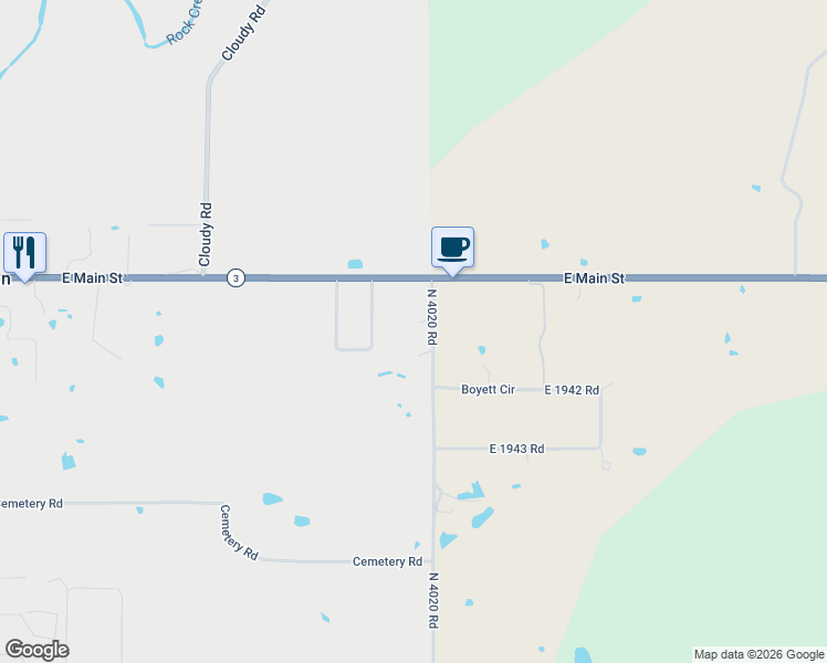 map of restaurants, bars, coffee shops, grocery stores, and more near 194075 North 4290 Road in Rattan