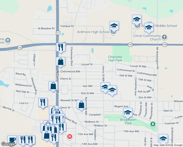 map of restaurants, bars, coffee shops, grocery stores, and more near 804 Cottonwood Street in Ardmore