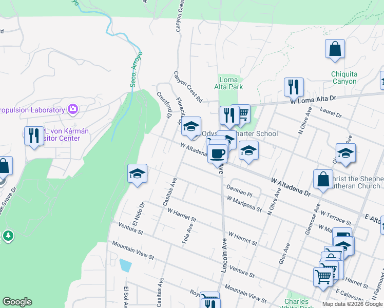 map of restaurants, bars, coffee shops, grocery stores, and more near 720 West Altadena Drive in Altadena