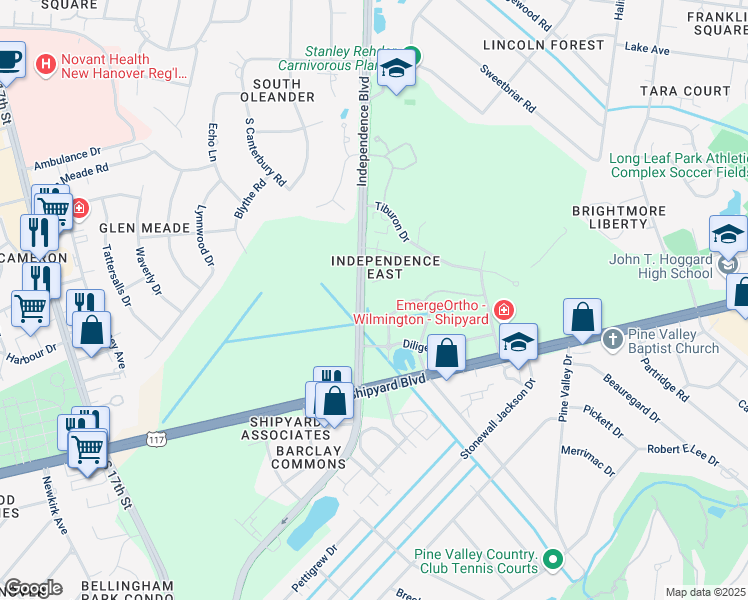 map of restaurants, bars, coffee shops, grocery stores, and more near 3501 Converse Drive in Wilmington
