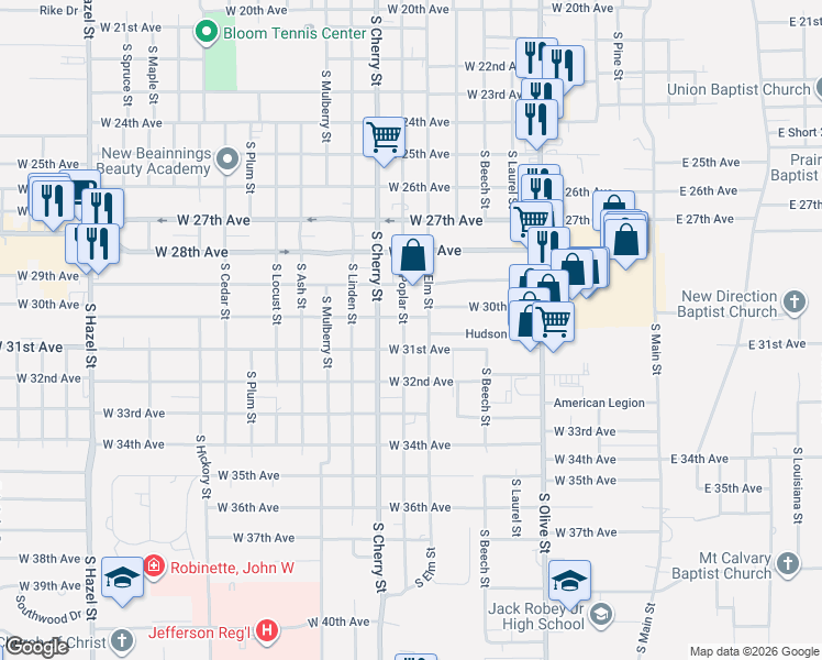 map of restaurants, bars, coffee shops, grocery stores, and more near 3008 South Elm Street in Pine Bluff