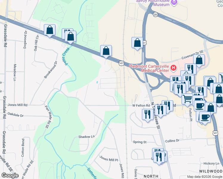 map of restaurants, bars, coffee shops, grocery stores, and more near 19 Syble Cove in Cartersville