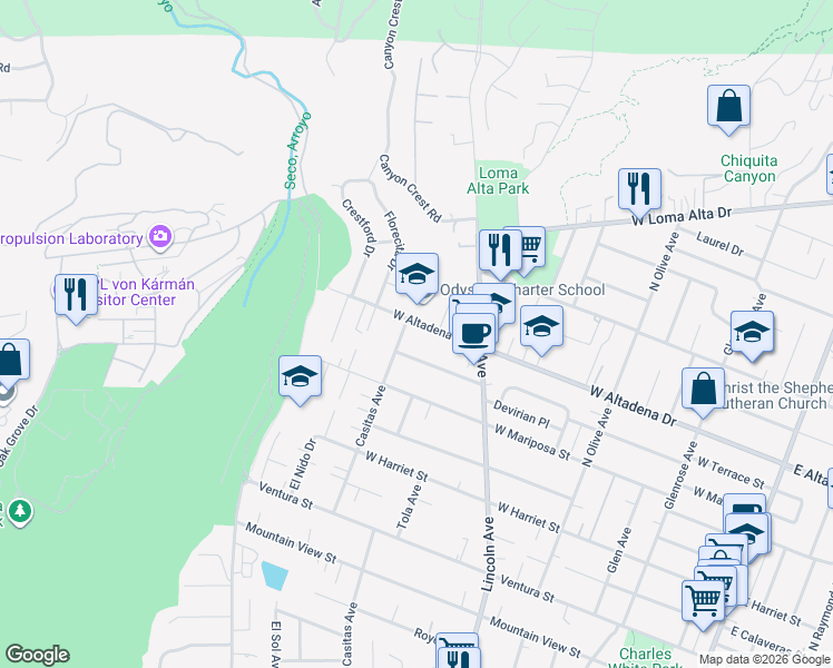 map of restaurants, bars, coffee shops, grocery stores, and more near 688 West Altadena Drive in Altadena