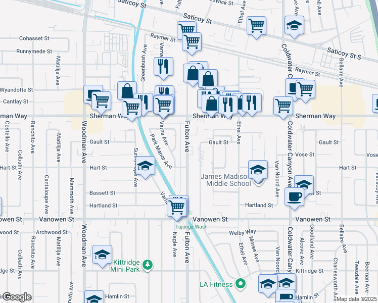 map of restaurants, bars, coffee shops, grocery stores, and more near 7026 Fulton Avenue in Los Angeles