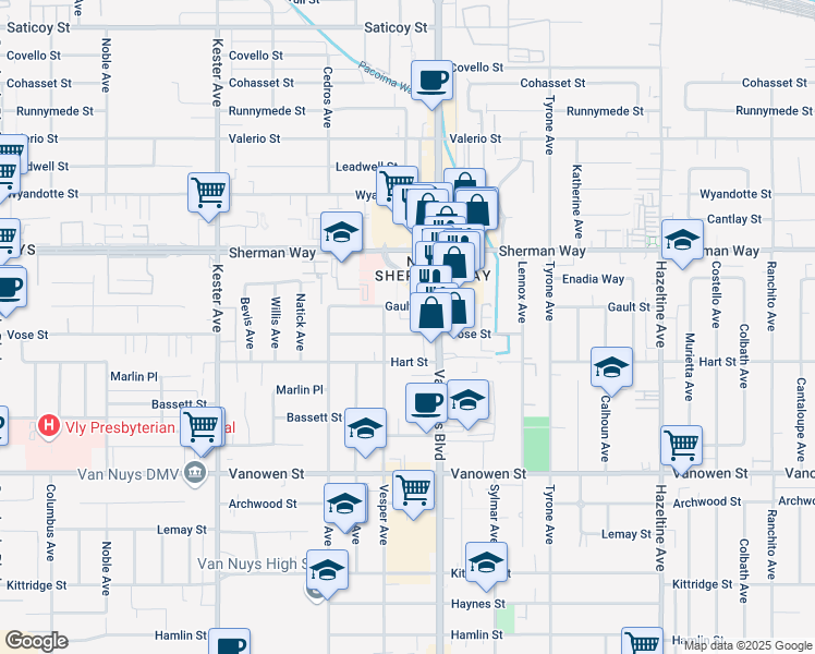 map of restaurants, bars, coffee shops, grocery stores, and more near 14551 Vose Street in Los Angeles