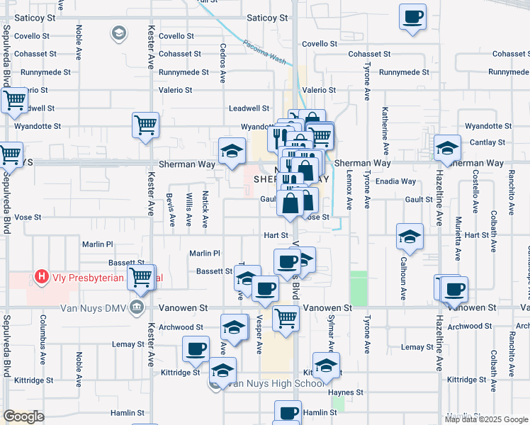 map of restaurants, bars, coffee shops, grocery stores, and more near 14551 Vose Street in Los Angeles