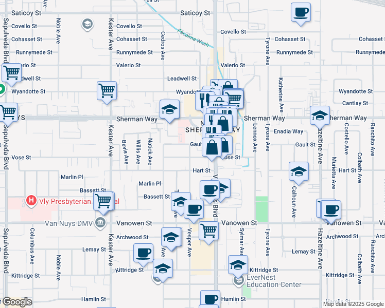 map of restaurants, bars, coffee shops, grocery stores, and more near 14551 Vose Street in Los Angeles