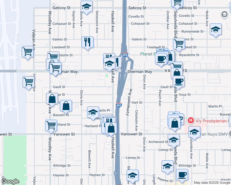map of restaurants, bars, coffee shops, grocery stores, and more near 7040 Haskell Avenue in Los Angeles