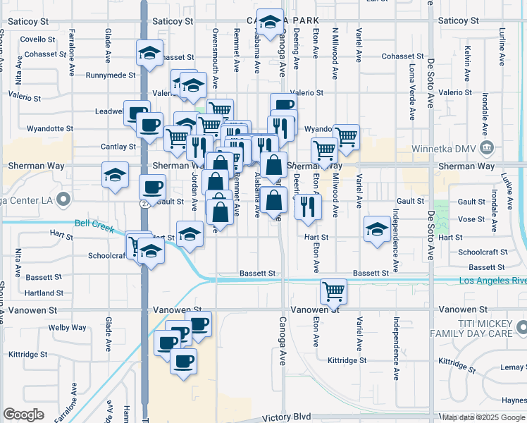map of restaurants, bars, coffee shops, grocery stores, and more near 7032 Alabama Avenue in Los Angeles