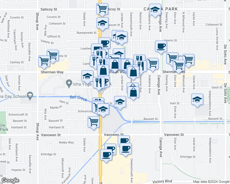map of restaurants, bars, coffee shops, grocery stores, and more near 7035 Jordan Avenue in Los Angeles